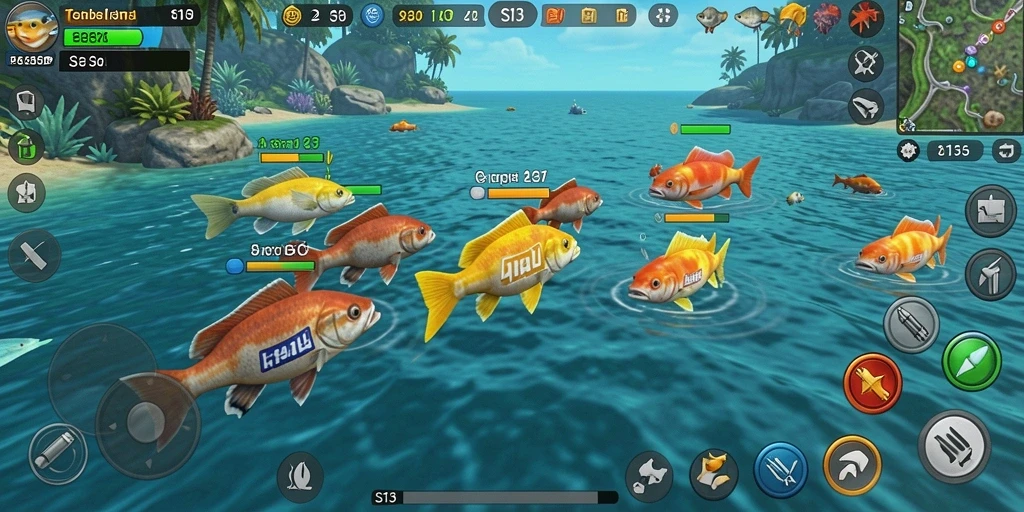 Screenshot permainan S13 yang menampilkan aksi tembak ikan yang seru.