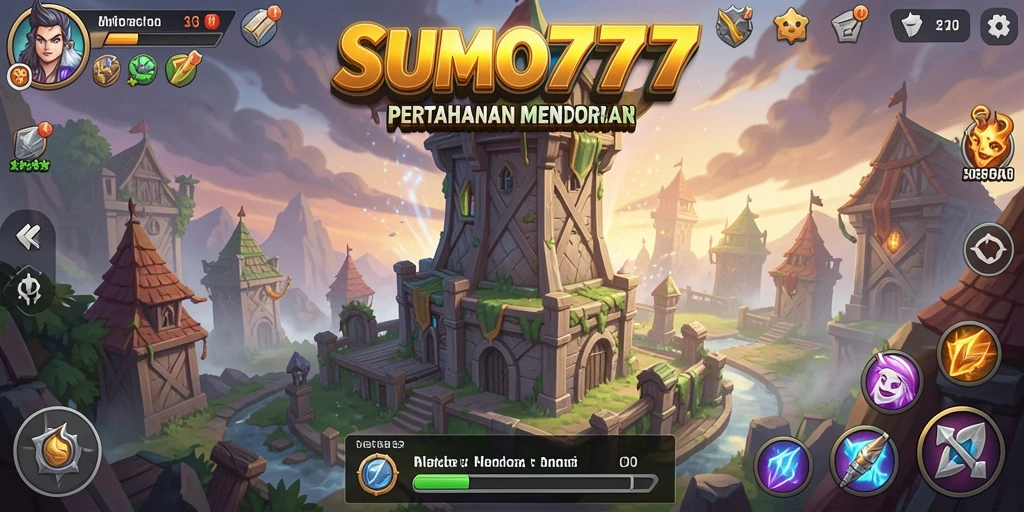 Screenshot utama menunjukkan aksi gameplay Tower Defense yang intens.